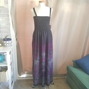 NEW Free People Meg’s Smocked Black Comb Maxi Dress L Grey Purple Black